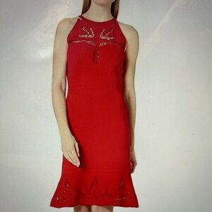 Elie Tahari Red Black Sleeveless Sweater Embroidered Detail Dress w/crochet trim